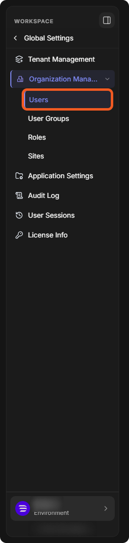 The Global Settings sidebar with Organization Management expanded and Users selected