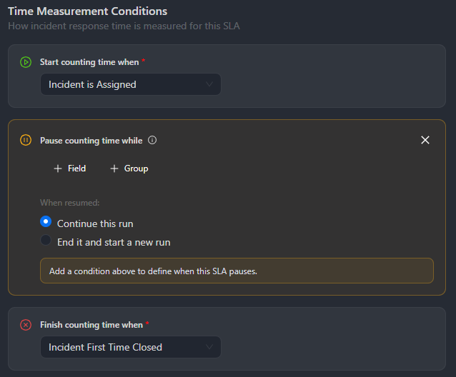 The classic view's SLA Detail editor with a Pause counting time while card between Start counting time when Incident is Assigned and Finish counting time when Incident First Time Closed