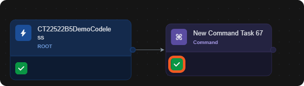 The root node and a command task after a test, each with a green check mark