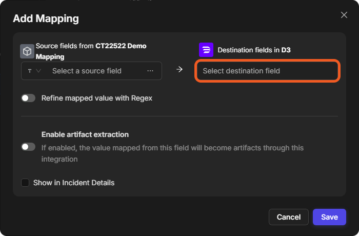 The Add Mapping window with the source field, the destination field, Refine mapped value with Regex, Enable artifact extraction and Show in Incident Details