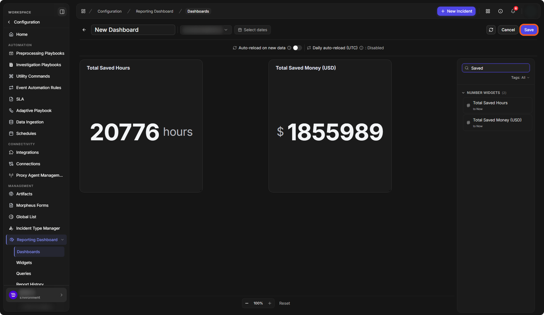 A new dashboard with the Total Saved Hours and Total Saved Money (USD) widgets on its canvas