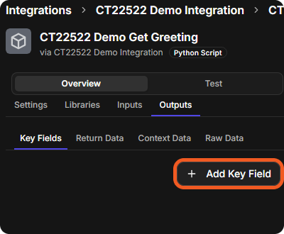 The Outputs sub-tab with the Key Fields, Return Data, Context Data and Raw Data groups and the Add Key Field button