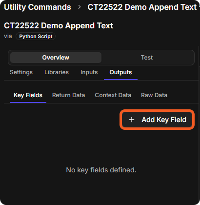 The Outputs tab with its Key Fields, Return Data, Context Data and Raw Data tabs and the Add Key Field button