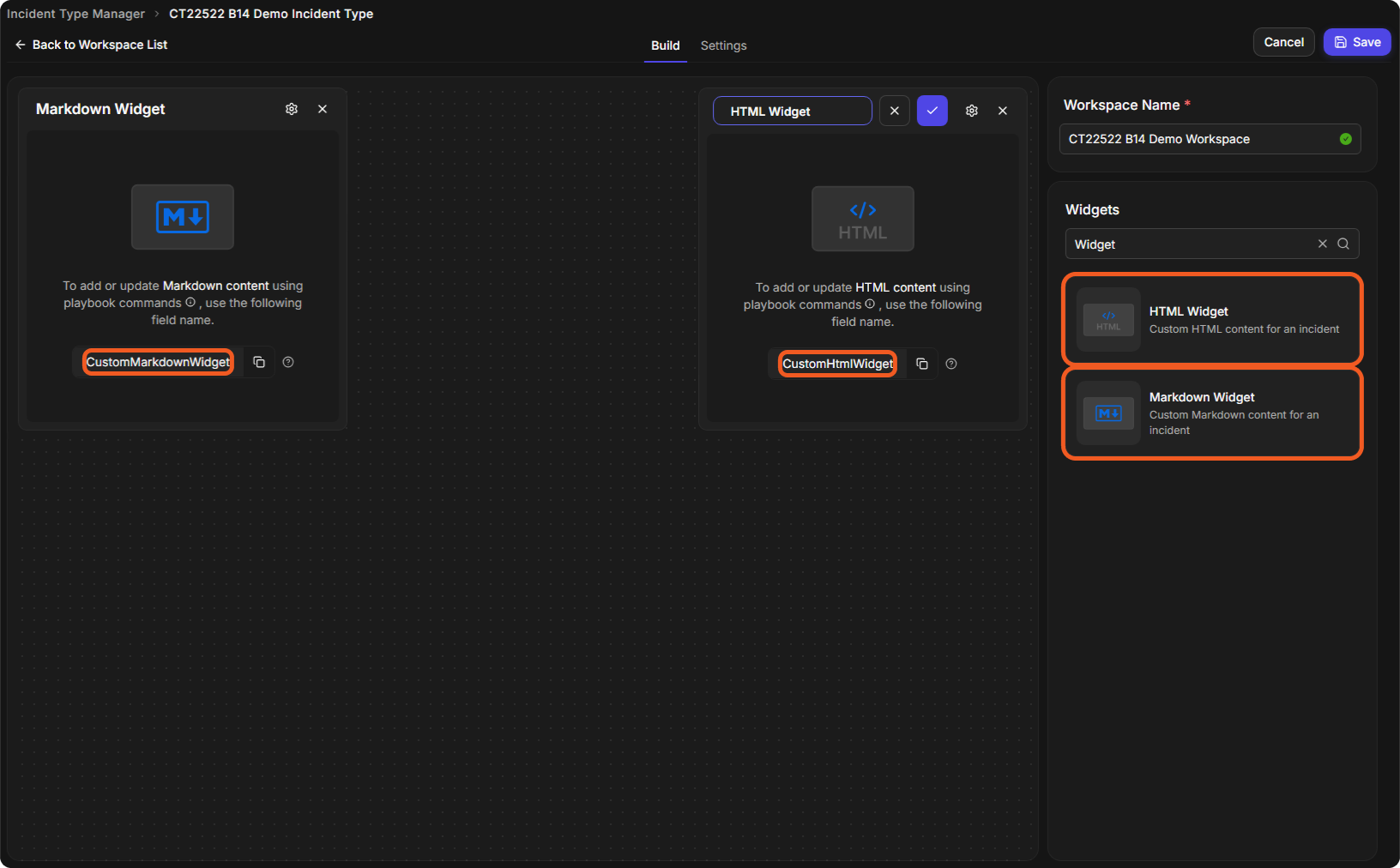 The workspace builder with a Markdown Widget and an HTML Widget on the canvas, each showing the field name that playbooks write to, and the two widgets in the Widgets list