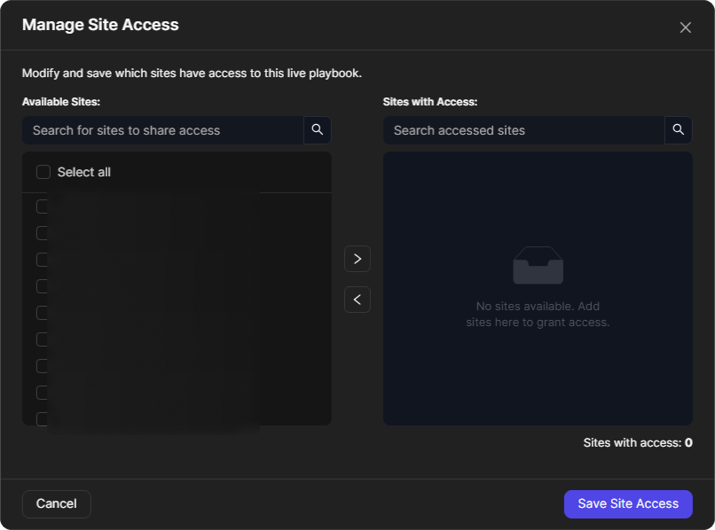 Manage Site Access window