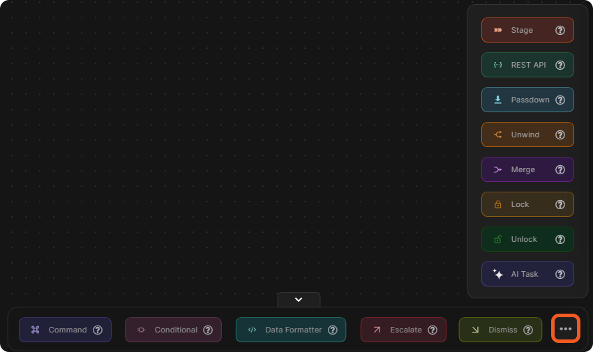 The task bar with Command, Conditional, Data Formatter, Escalate and Dismiss, and the More list with Stage, REST API, Passdown, Unwind, Merge, Lock, Unlock and AI Task