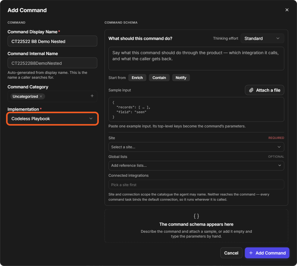 The Add Command window with Codeless Playbook selected under Implementation