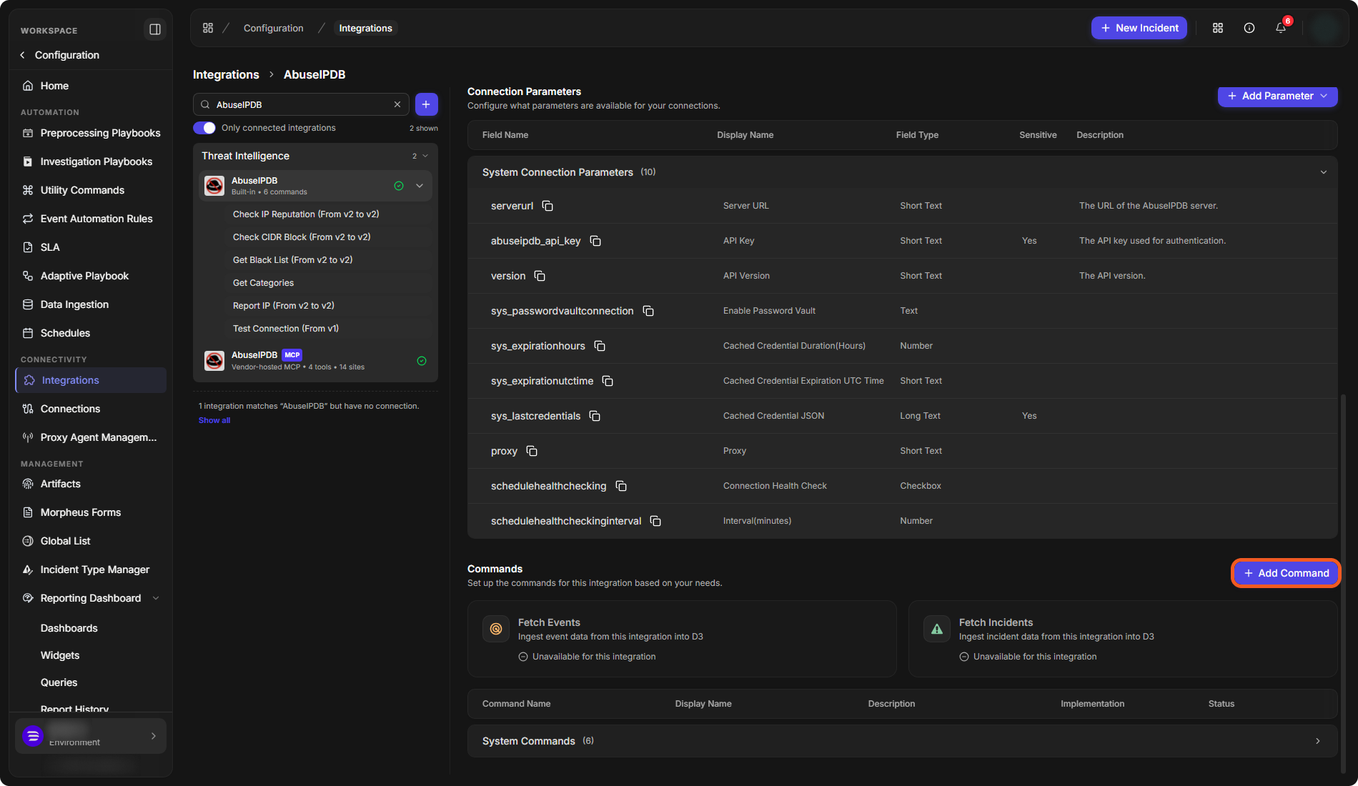 The System Connection Parameters list expanded, and below it the Commands section with the Fetch Events and Fetch Incidents cards and the System Commands group