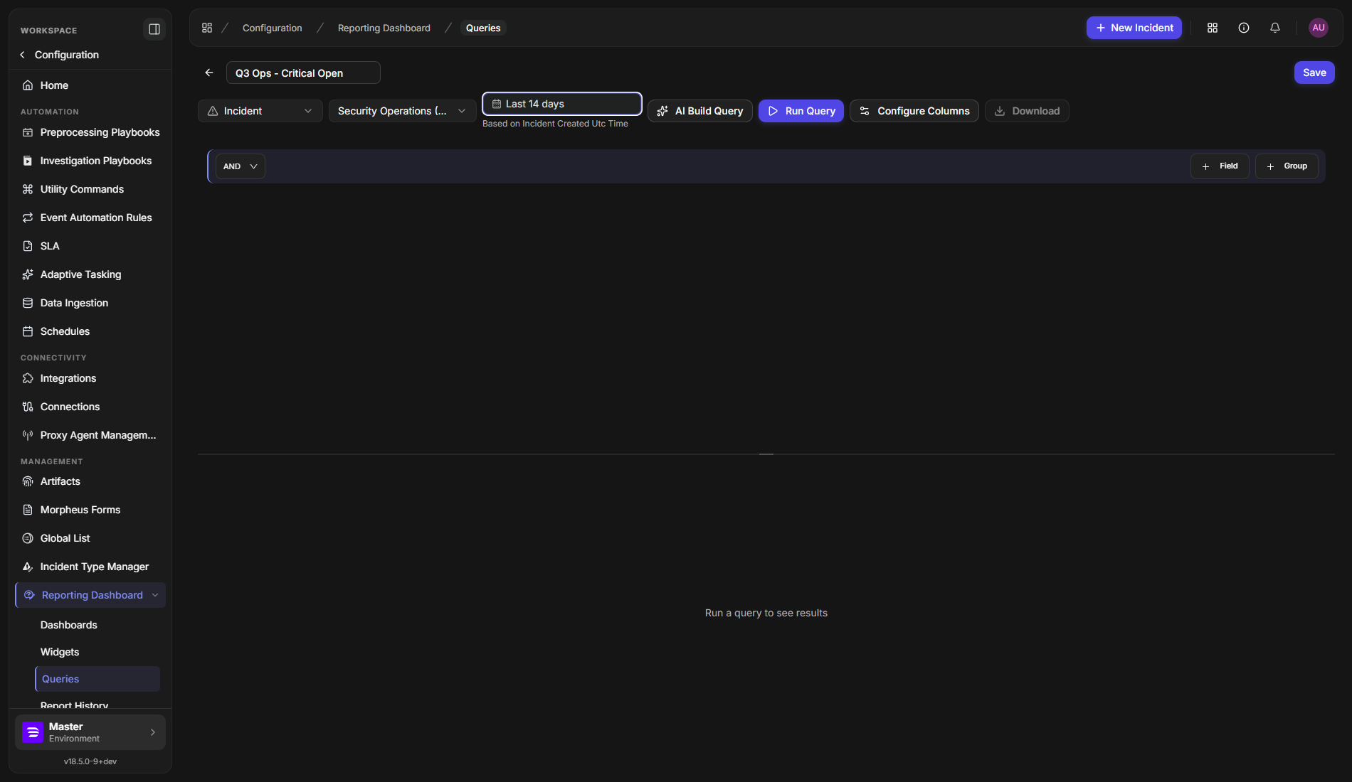 The query editor with the name, data source, site and date range filled in and an empty filter builder