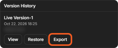 The Version History window with Live Version-1 and its View, Restore and Export buttons
