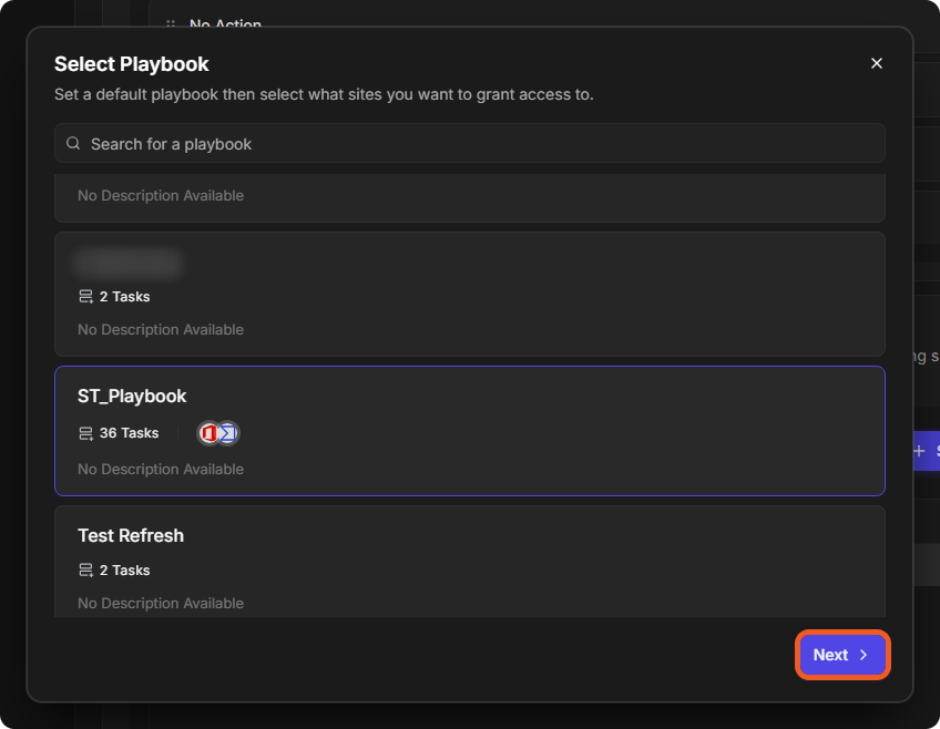The Select Playbook window with a playbook selected and the Next button highlighted