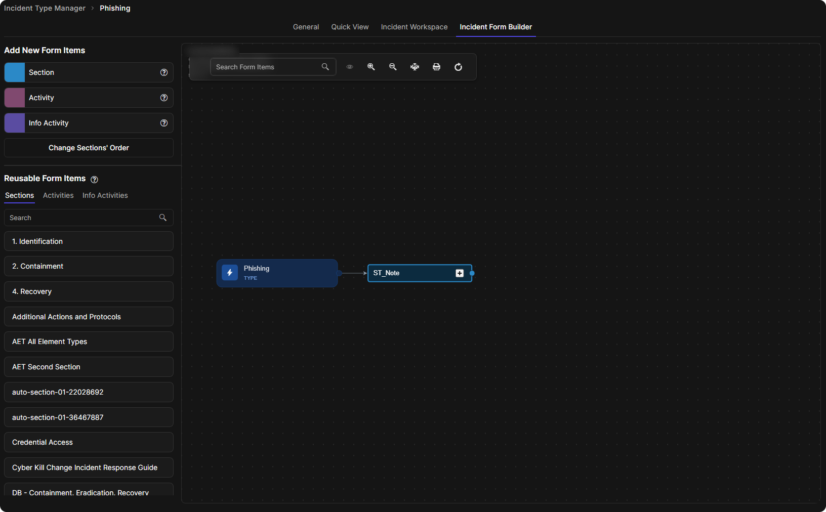 The Incident Form Builder tab of an incident type, with Add New Form Items and Reusable Form Items on the left and the editing canvas on the right