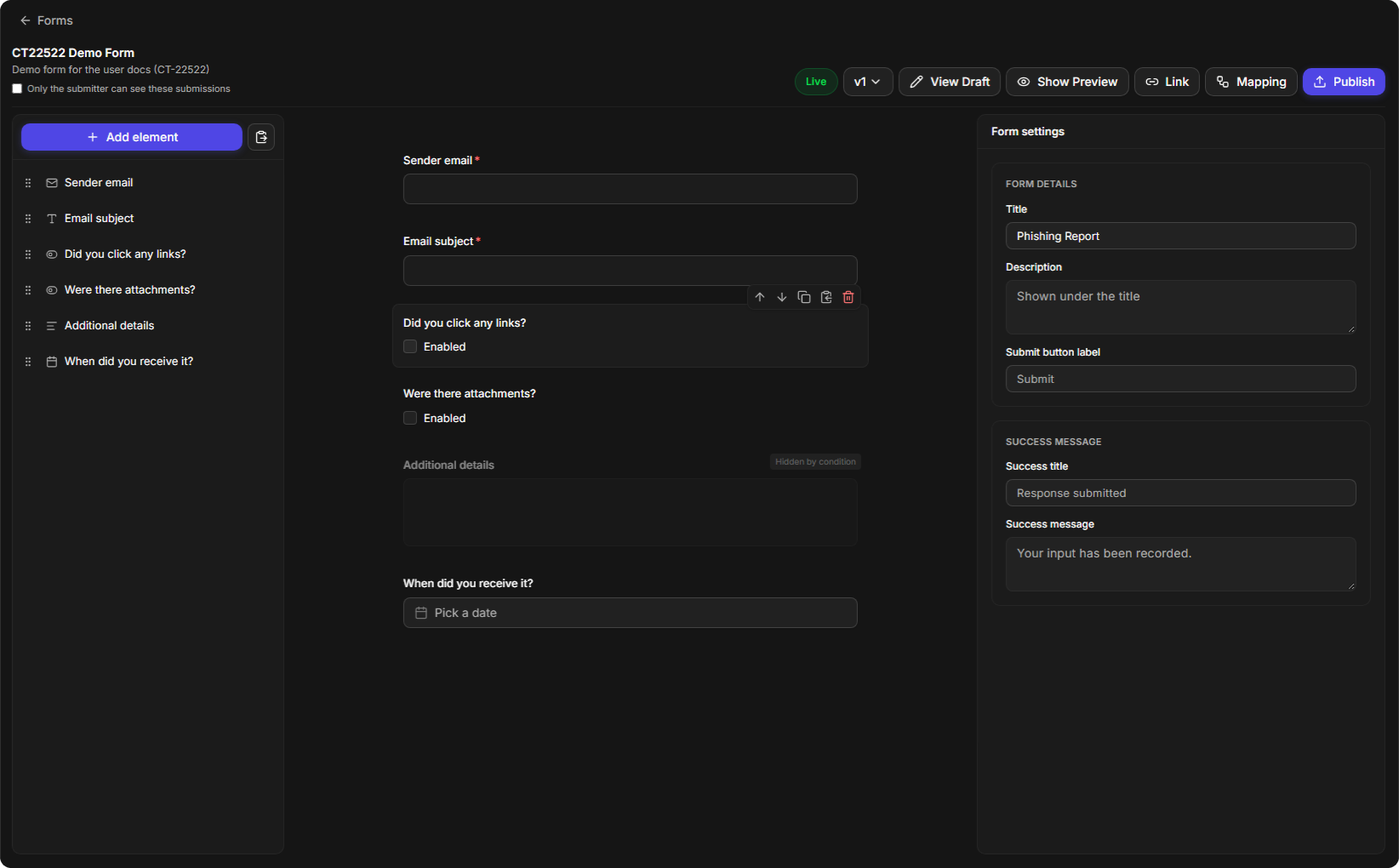 The builder of a published form showing Live, v1, View Draft, Link, Mapping and Publish