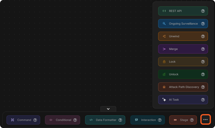 The task bar with Command, Conditional, Data Formatter, Interaction and Stage, and the More list with REST API, Ongoing Surveillance, Unwind, Merge, Lock, Unlock, Attack Path Discovery and AI Task