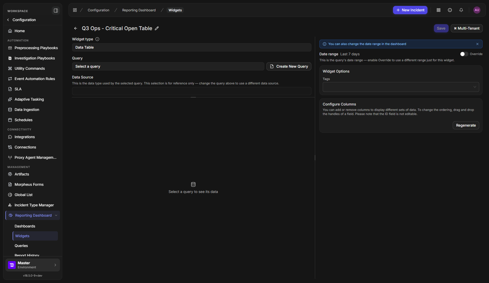 The widget editor with Data Table chosen, an empty Query field reading Select a query, and a disabled Save button