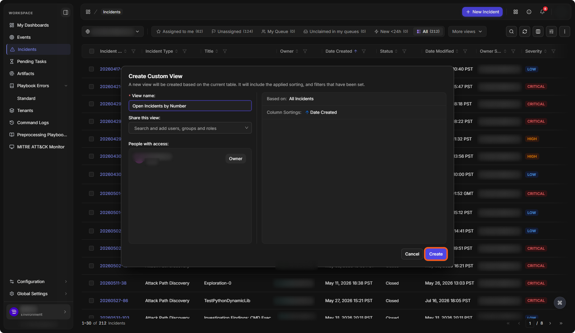 The Create Custom View window with the view name, Share this view, People with access, and the sorting and filters the view will keep
