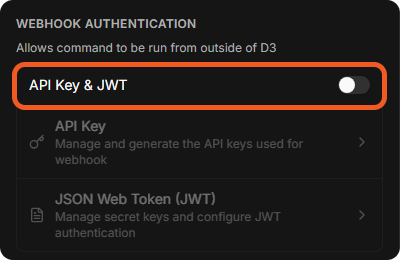 The WEBHOOK AUTHENTICATION section of an integration command, with the API Key and JWT switch and the API Key and JSON Web Token (JWT) options