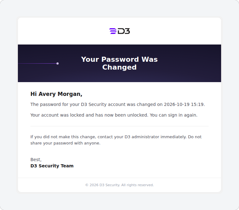 The Your Password Was Changed email, including the line 'Your account was locked and has now been unlocked. You can sign in again.'