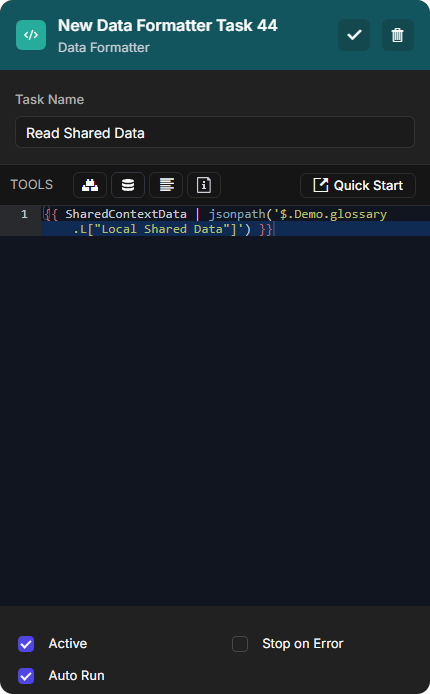 A Data Formatter task named Read Shared Data with the SharedContextData expression