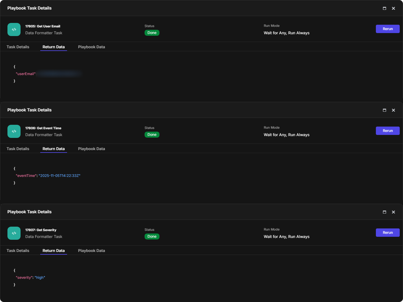 Return Data of Get User Email, Get Event Time and Get Severity