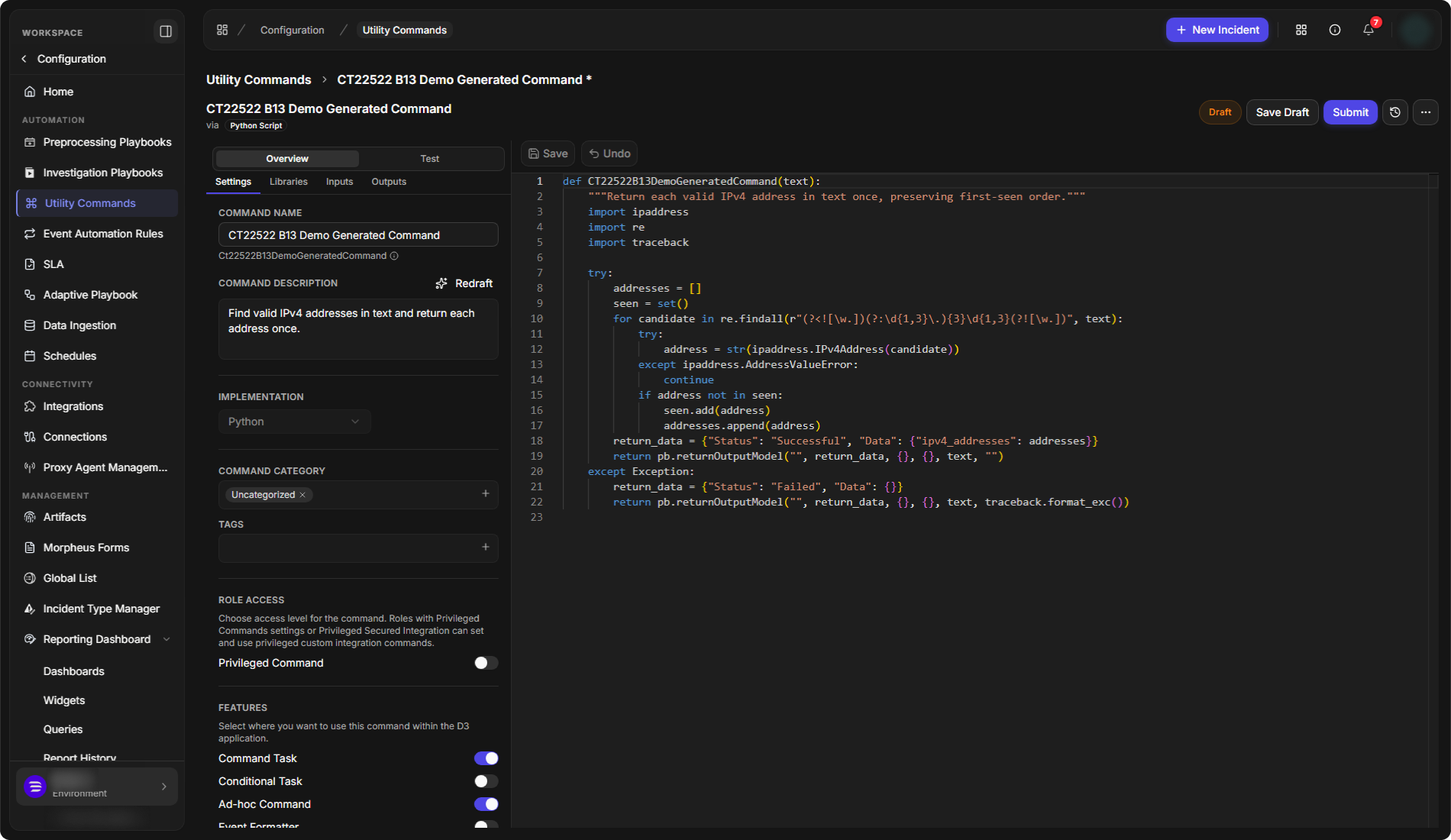The new utility command open as a Draft with its generated Python code, Save Draft and Submit