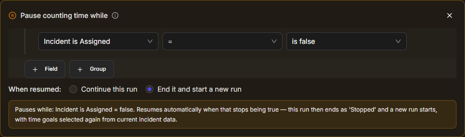 The pause card with End it and start a new run selected and a summary that says the run then ends as Stopped and a new run starts, with time goals selected again from current incident data