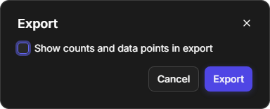 The Export window with Show counts and data points in export, Cancel and Export