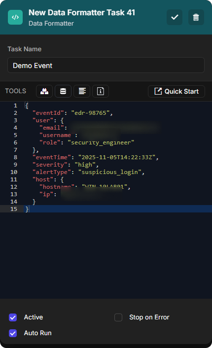 Demo Event data formatter with the event JSON