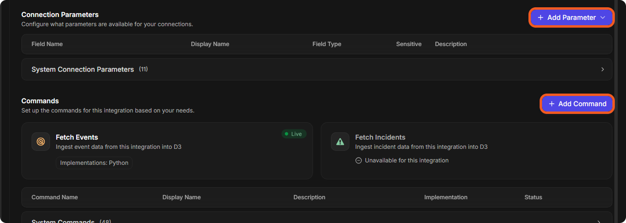 The Connection Parameters section with Add Parameter and System Connection Parameters, and the Commands section with Add Command, the Fetch Events and Fetch Incidents cards and System Commands