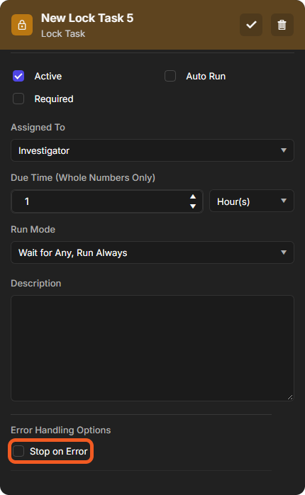 The settings of a new lock task with the Stop on Error checkbox