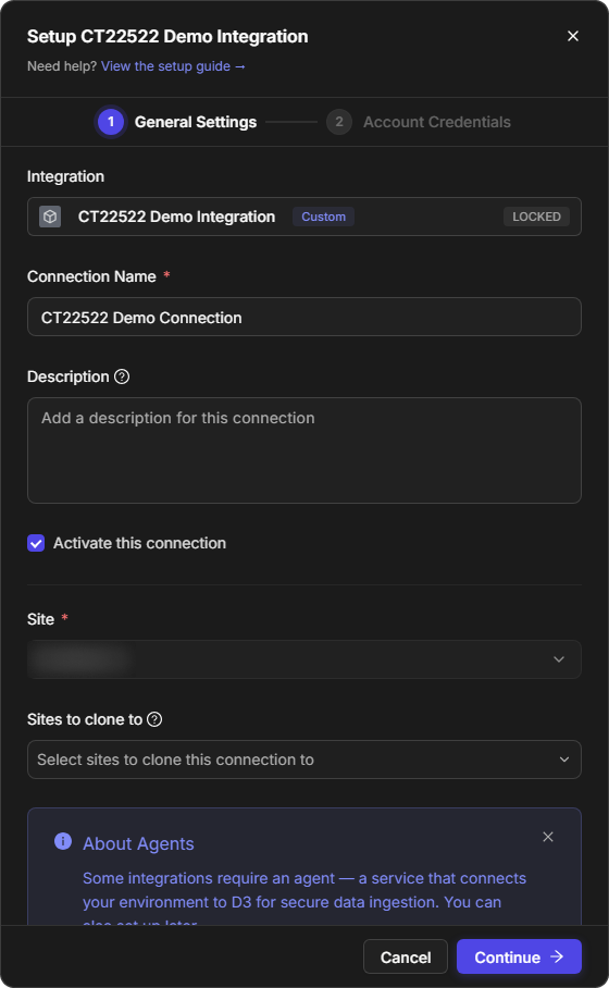 The Setup window on the General Settings step with the integration (locked), Connection Name, Description, Activate this connection, Site and Sites to clone to