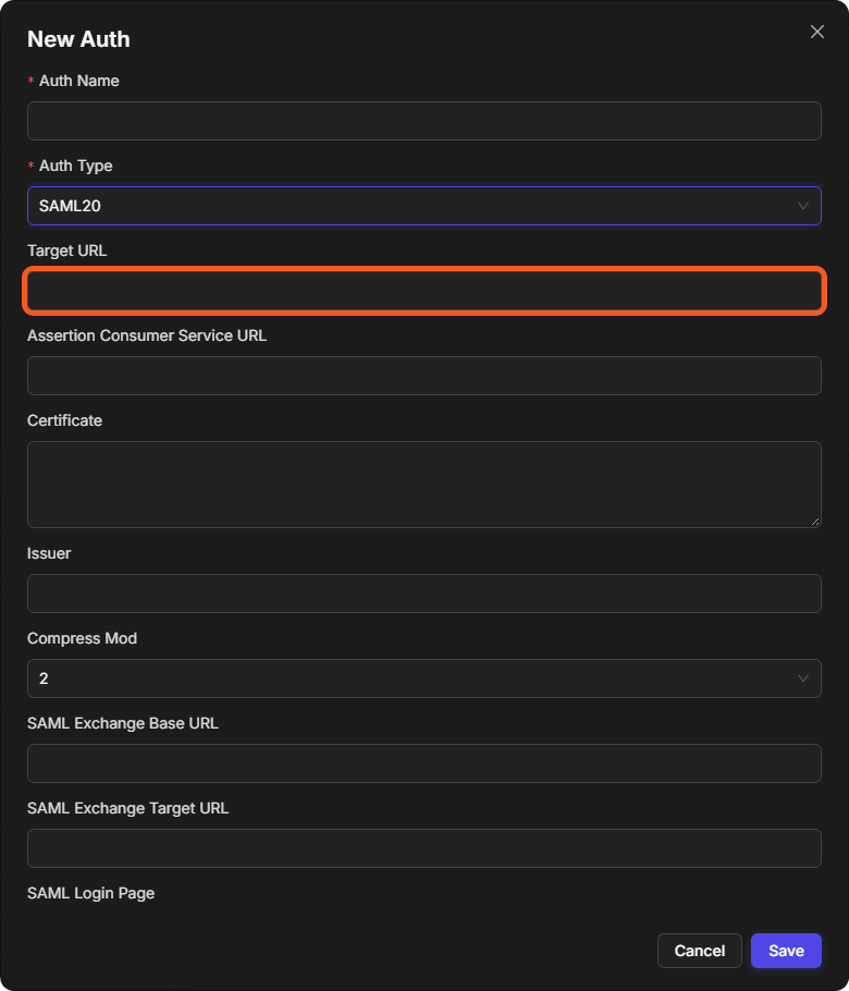The Target URL field of a SAML20 login method in the New Auth dialog