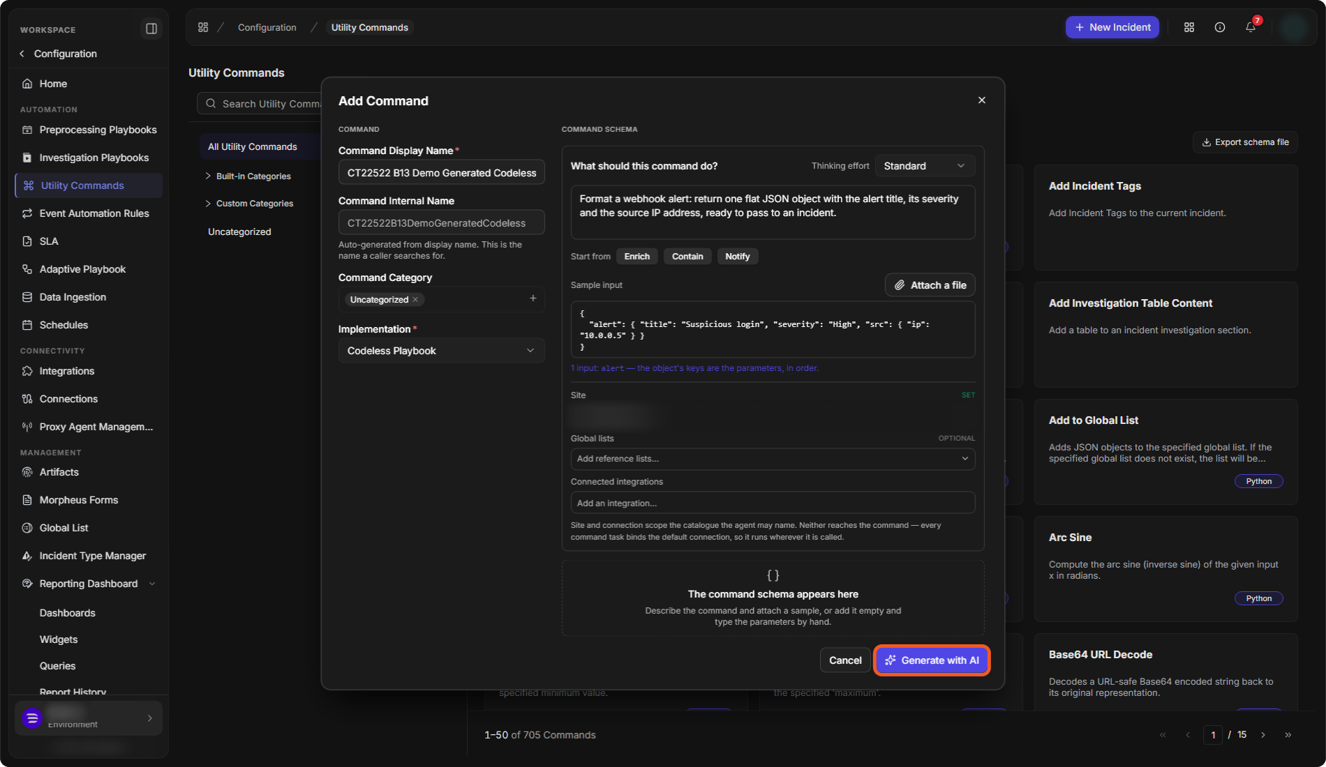 The Add Command window with Implementation set to Codeless Playbook, a description, a sample input, the Site, Global lists and Connected integrations, and Generate with AI