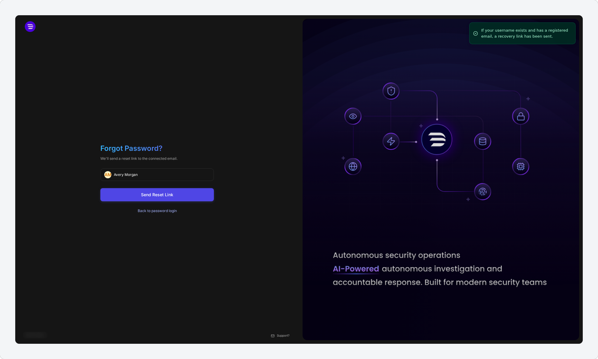 The confirmation 'If your username exists and has a registered email, a recovery link has been sent.' at the top right of the sign-in screen