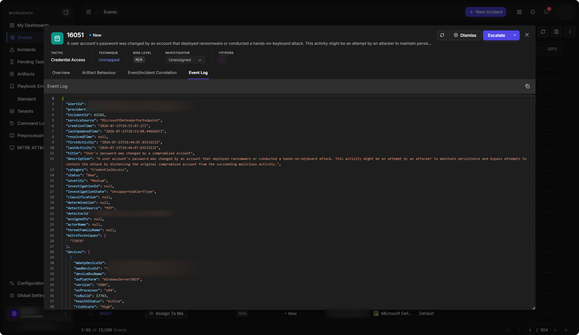 An event's Event Log tab showing the raw event data as received from the integration