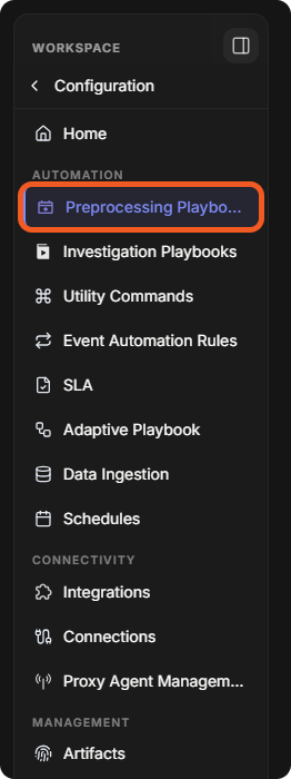 The Configuration sidebar with Preprocessing Playbooks under AUTOMATION