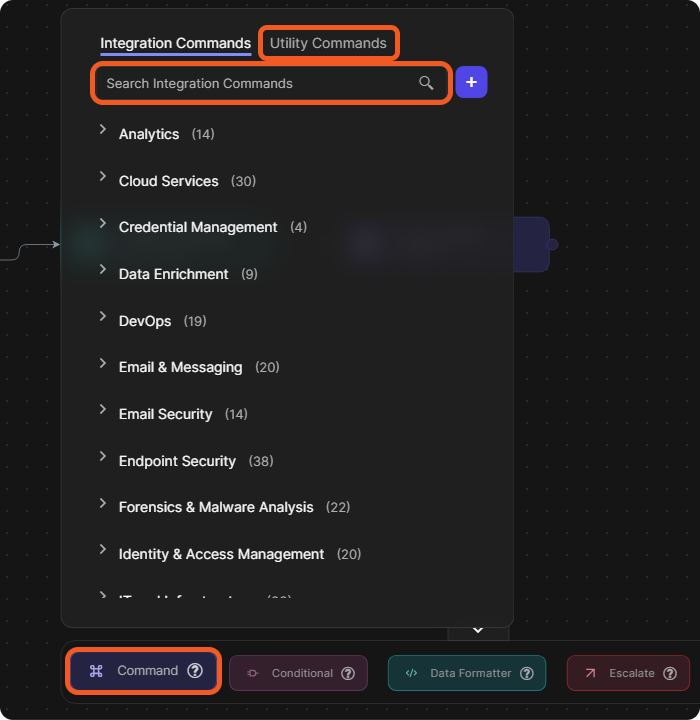 The Command item of the task bar opened, showing the Integration Commands and Utility Commands tabs, the search box and the command categories