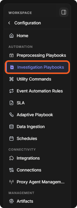The Configuration sidebar with Investigation Playbooks under AUTOMATION
